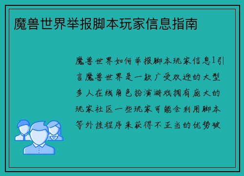 魔兽世界举报脚本玩家信息指南