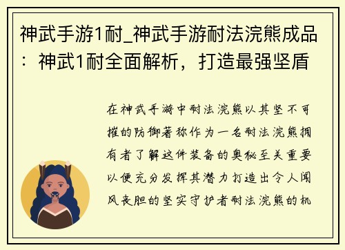 神武手游1耐_神武手游耐法浣熊成品:神武1耐全面解析,打造最强坚盾